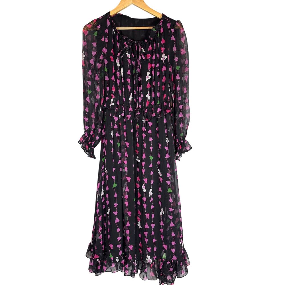 Pokwai Mulberry Silk Black Sheer Heart Print Midi Dress Womens Medium Valentines